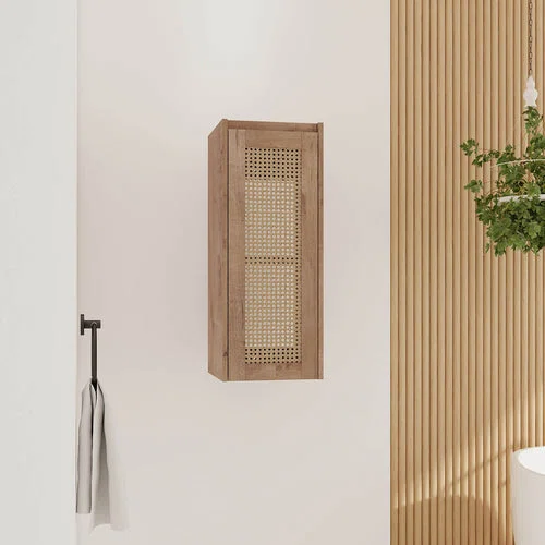 12" White Oak Bathroom Wall Cabinet with Rattan Door and Shelves