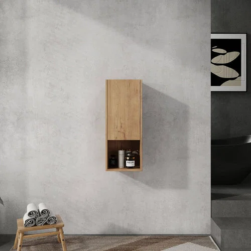 12" White Oak Bathroom Wall Cabinet with Soft Close Door and Open Shelf