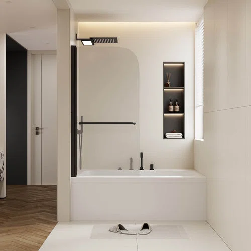 30" x 58" Matte Black Bathtub Pivot Shower Door
