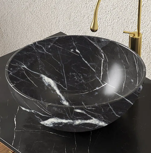 14" Black Bowl Ceramic Above-Counter Vessel Sink with Stone Pattern